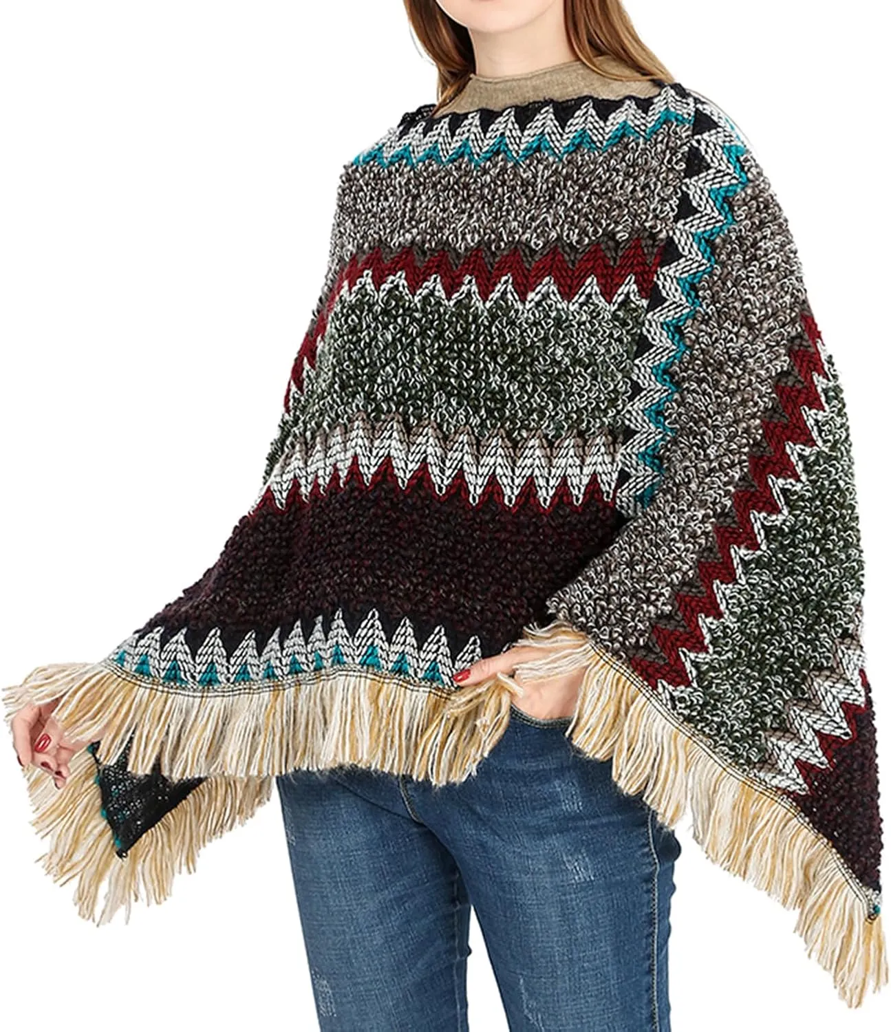 Women's Poncho Sweater Zig Zag Knit Mexican Poncho Wrap Fall Hippie Soft Fringe Crochet Shawl Asymmetrical Cape