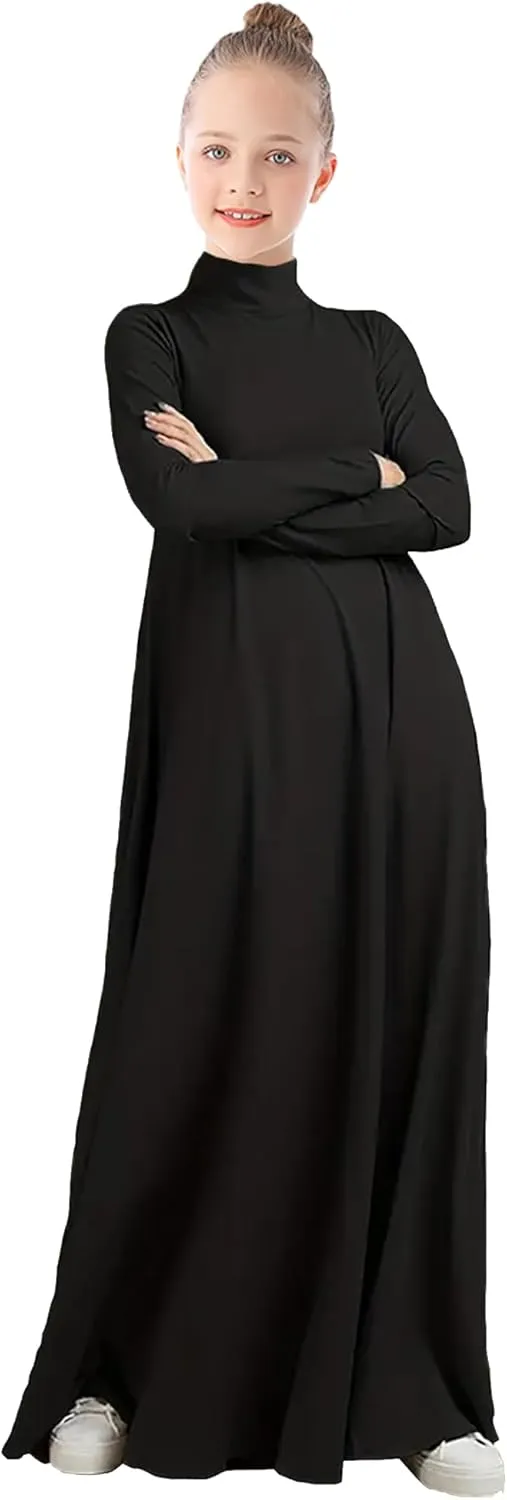 WSPLYSPJY Women Girls High Neck Long Sleeve Abaya Muslim Dress Solid Color Prayer Clothes Islamic Robe