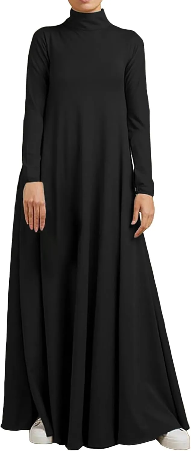 WSPLYSPJY Women Girls High Neck Long Sleeve Abaya Muslim Dress Solid Color Prayer Clothes Islamic Robe
