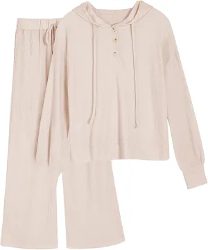 YKR Womens Loungewear Set 2 Piece Waffle Knit Lounge Sets Hooded Top and Wide Leg Pant Sweatsuits with Pockets