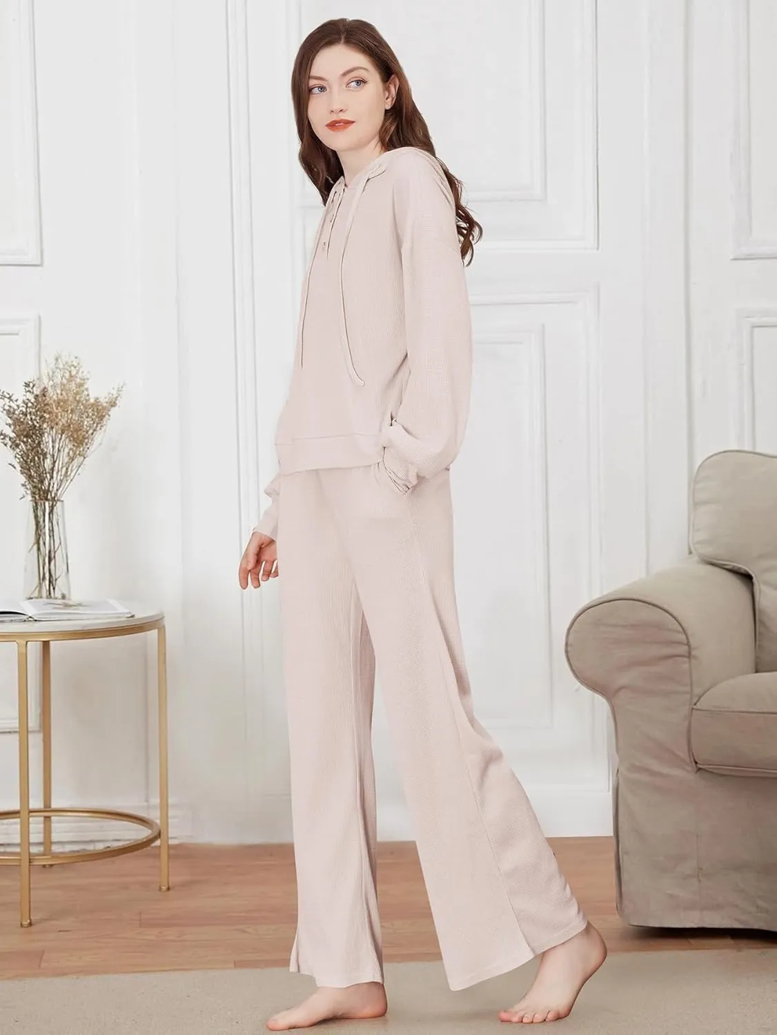 YKR Womens Loungewear Set 2 Piece Waffle Knit Lounge Sets Hooded Top and Wide Leg Pant Sweatsuits with Pockets
