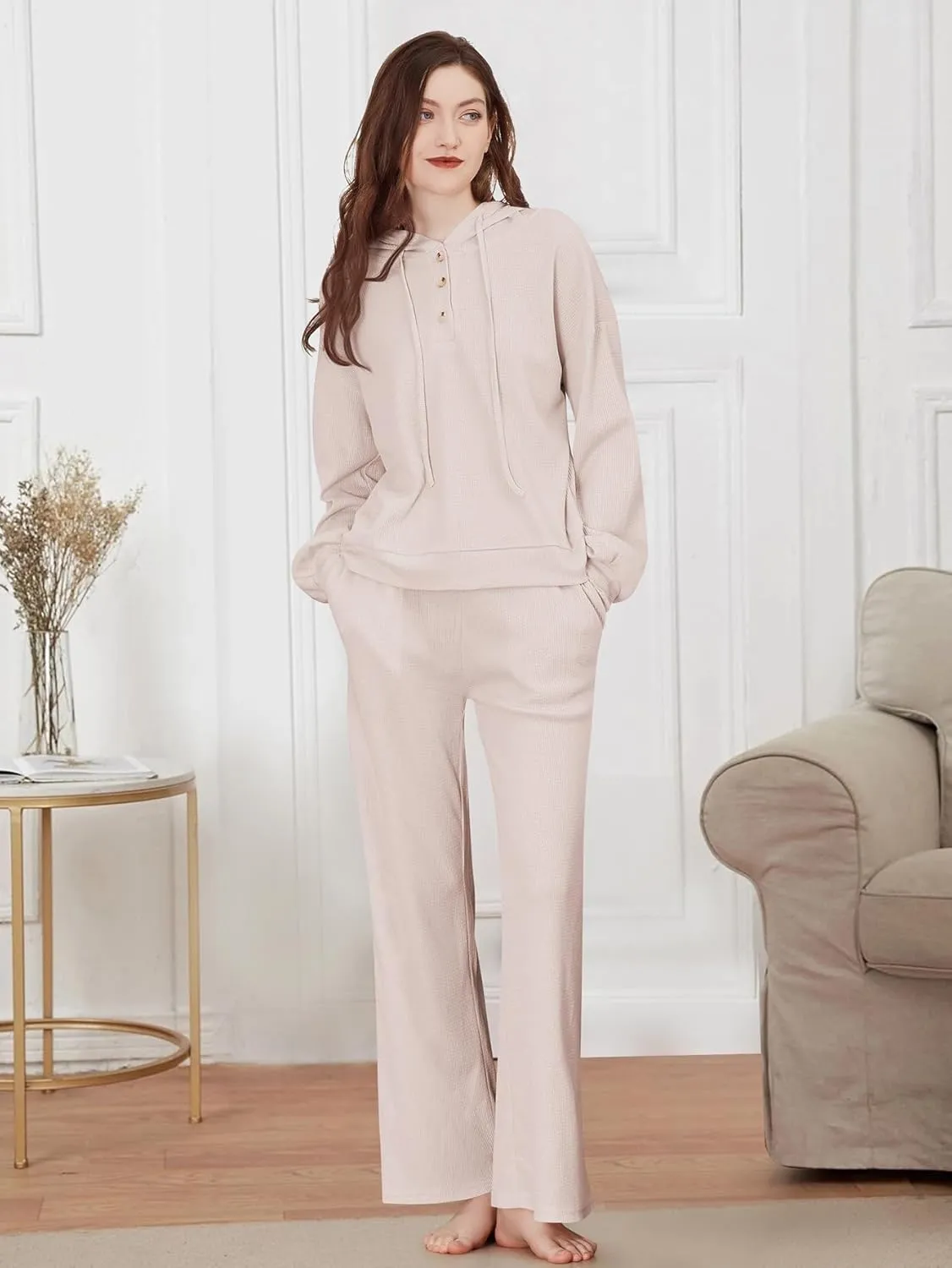 YKR Womens Loungewear Set 2 Piece Waffle Knit Lounge Sets Hooded Top and Wide Leg Pant Sweatsuits with Pockets