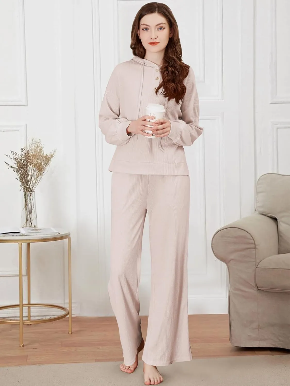 YKR Womens Loungewear Set 2 Piece Waffle Knit Lounge Sets Hooded Top and Wide Leg Pant Sweatsuits with Pockets